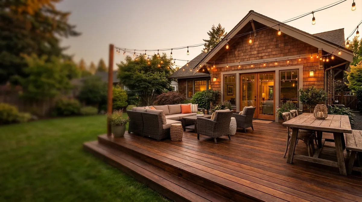 Freshly stained backyard deck at evening