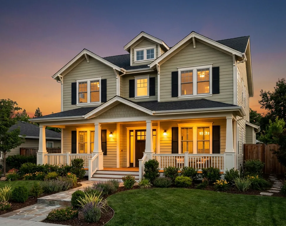 Freshly painted two-story home exterior at dusk
