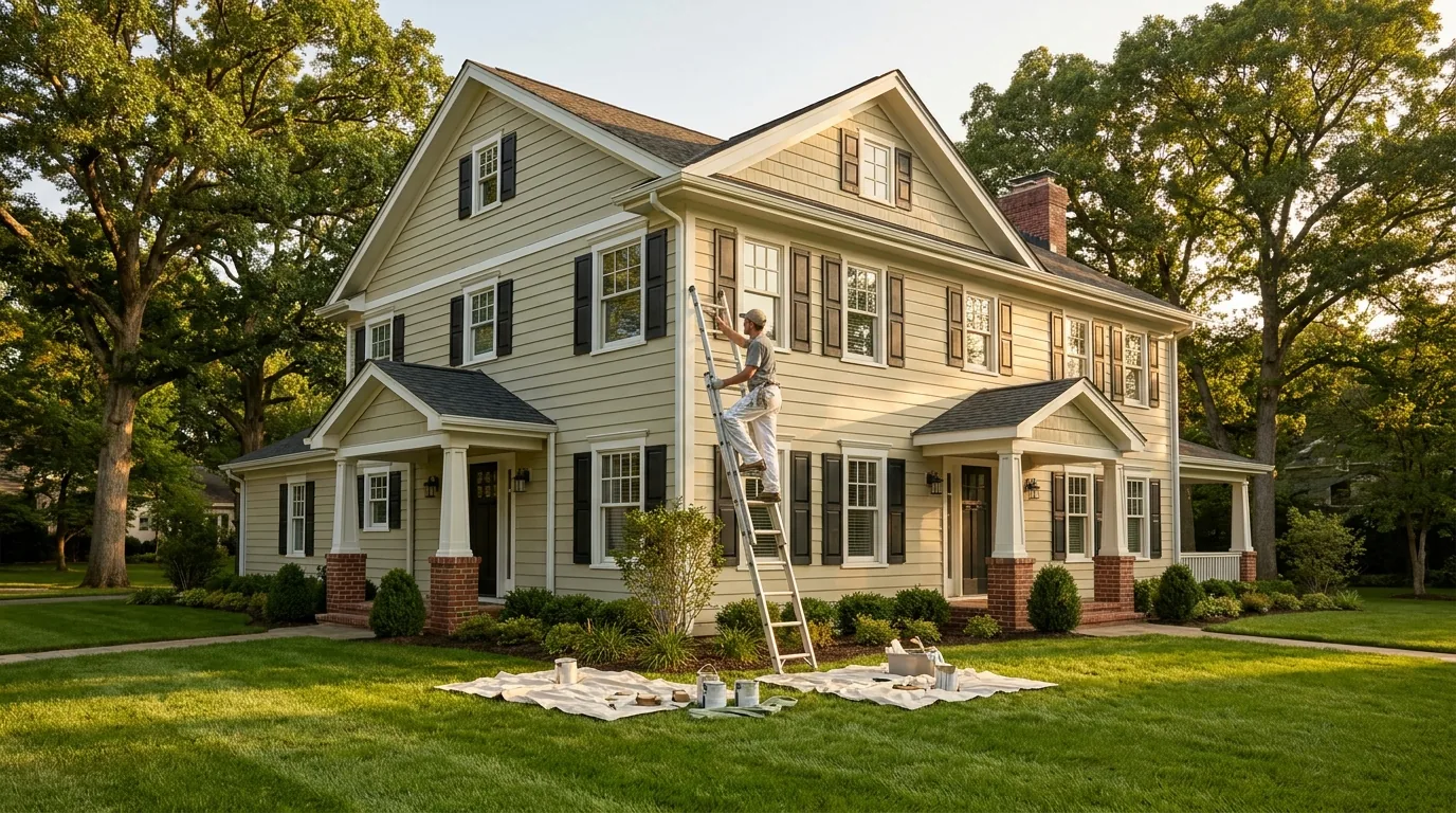 Professional exterior house painter applying paint to a North Indianapolis home