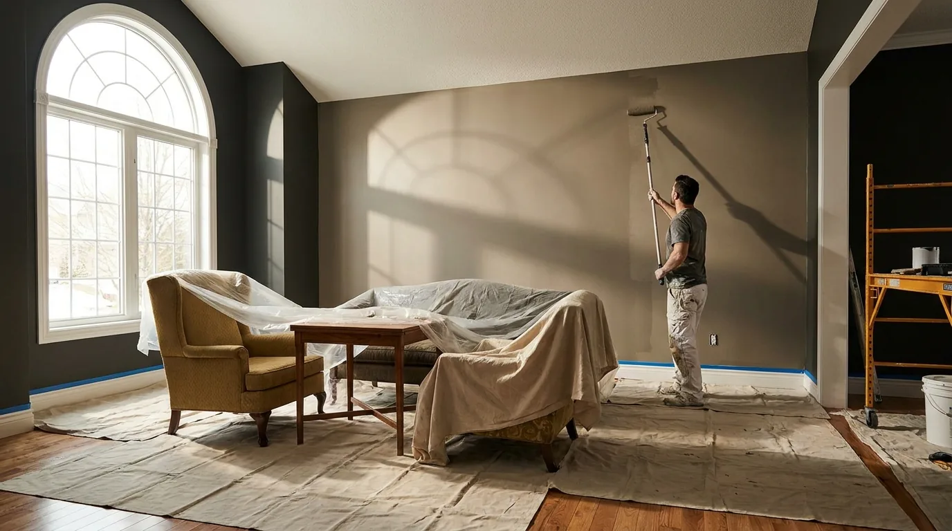 Interior wall being painted with premium roller and drop cloth protection
